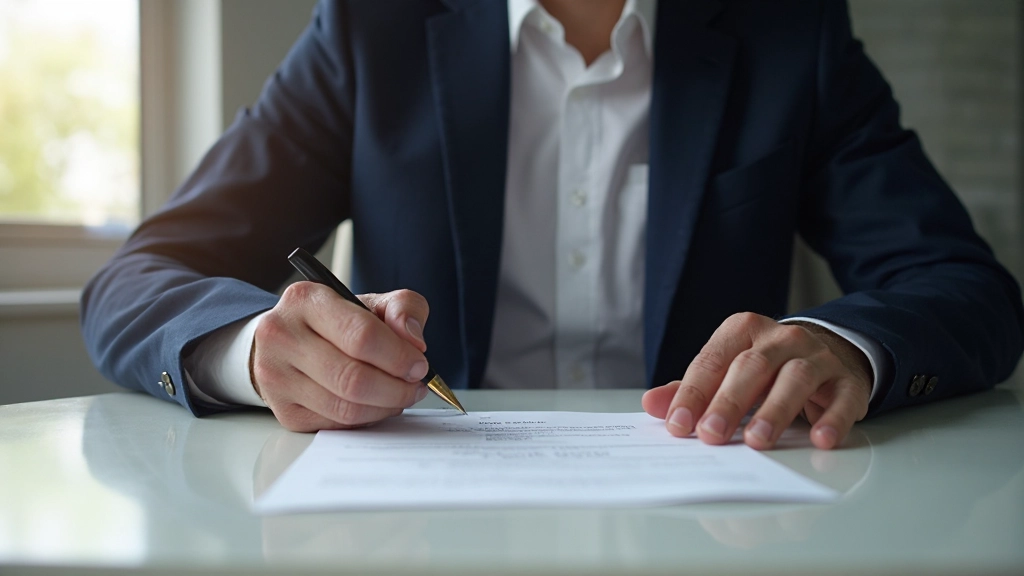 Молодой человек подписывает страховой контракт с агентом в профессиональном офисе