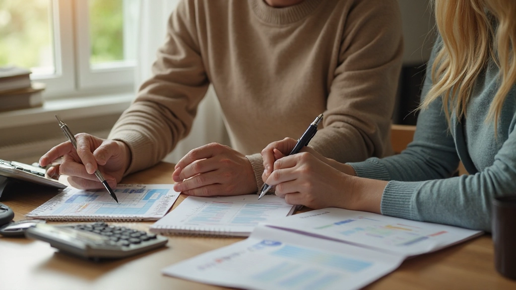 Семья, составляющая семейный бюджет за столом с калькулятором и блокнотом