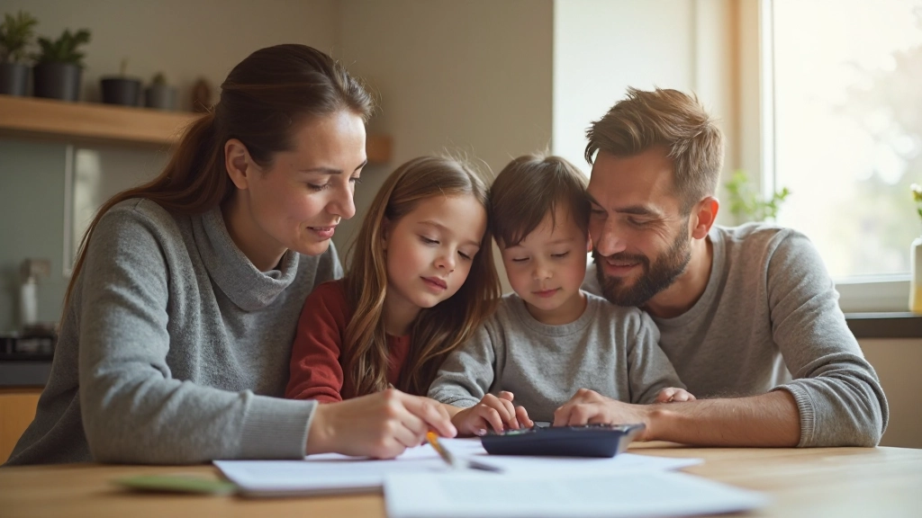 Семья планирует финансовое будущее за столом с документами и калькулятором
