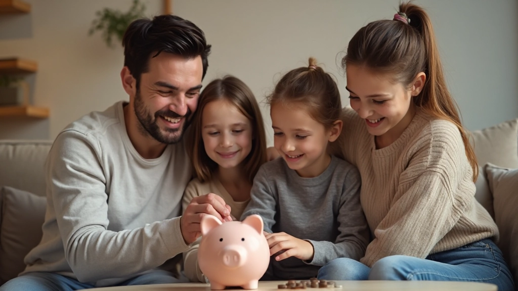 Родители и дети смотрят копилку с монетами и обсуждают накопления вместе