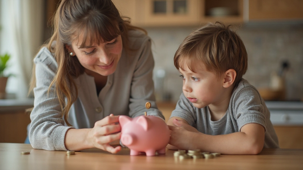 Родитель учит детей основам управления деньгами с помощью копилок и игр